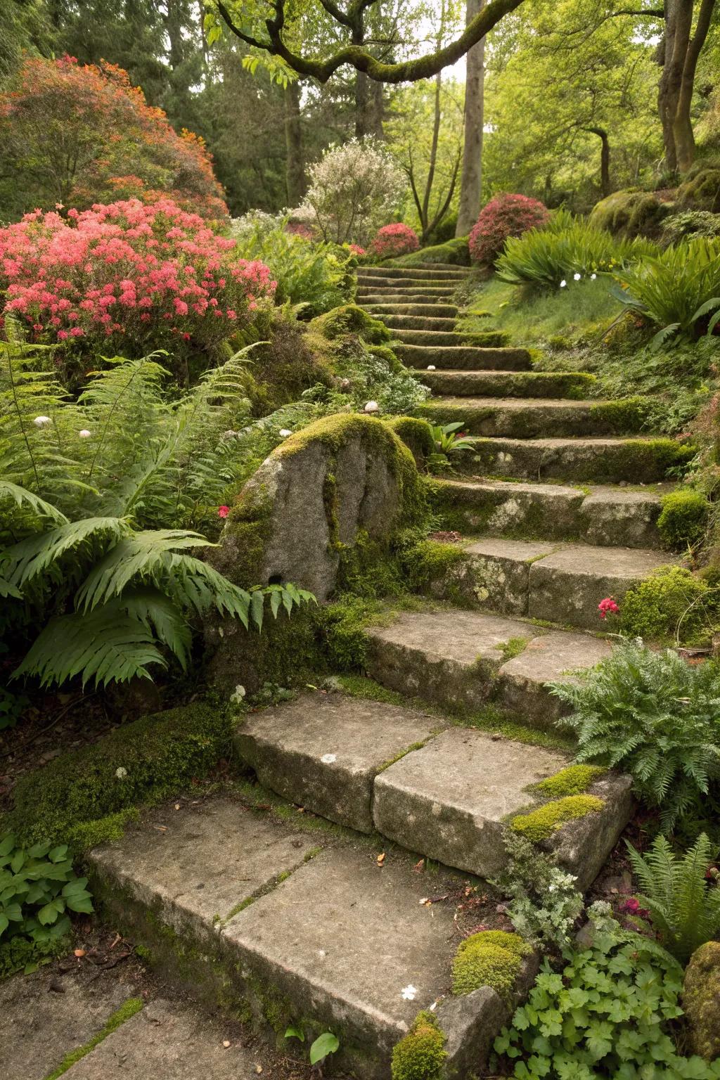 Sandstone steps creating an elegant garden path.