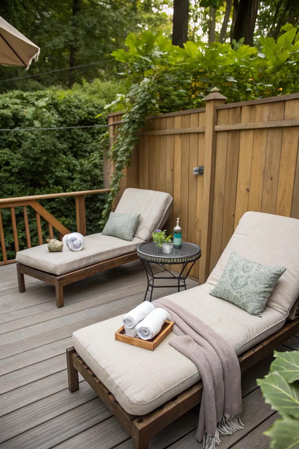 Outdoor furniture enhances comfort and style on your sauna deck.