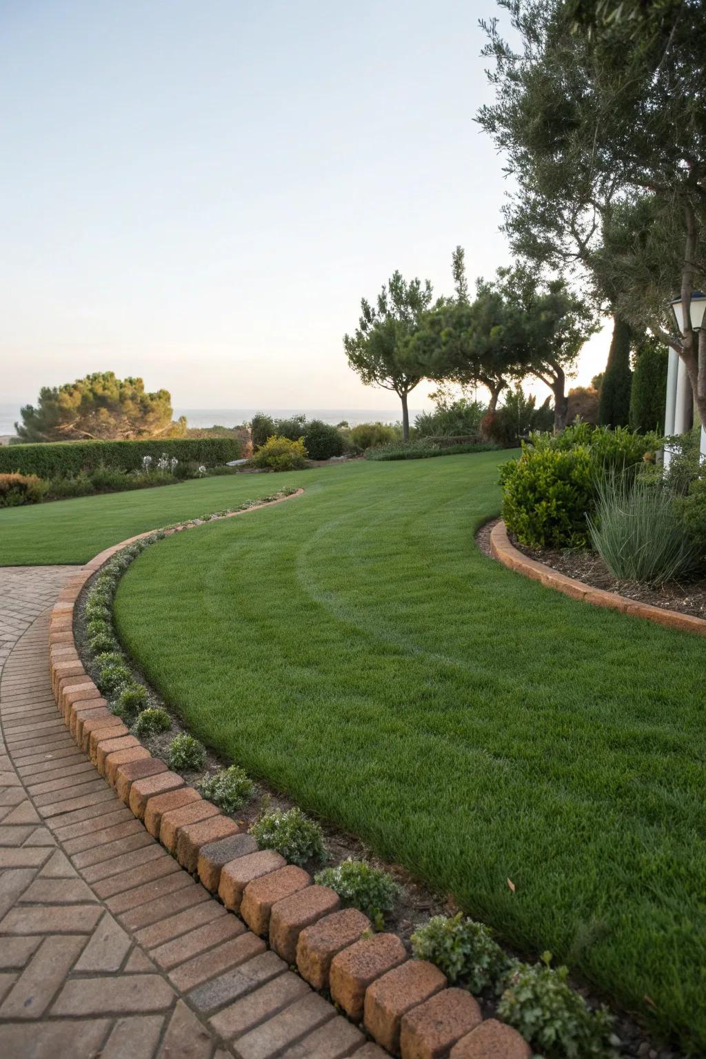 Tidy lawn with neat scalloped brick edges.