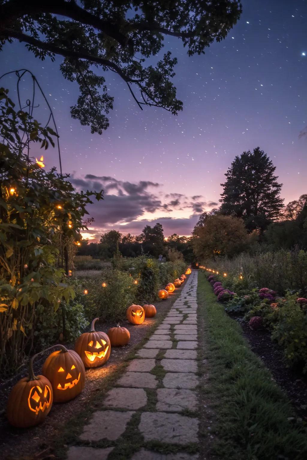 Jack-o’-lanterns light up your garden path with spooky charm.