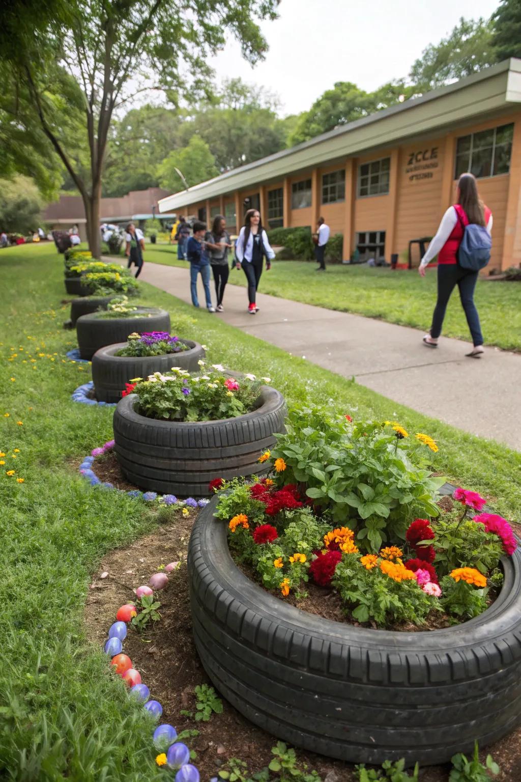 Innovative planters made from recycled tires, adding a touch of sustainability to the school garden.