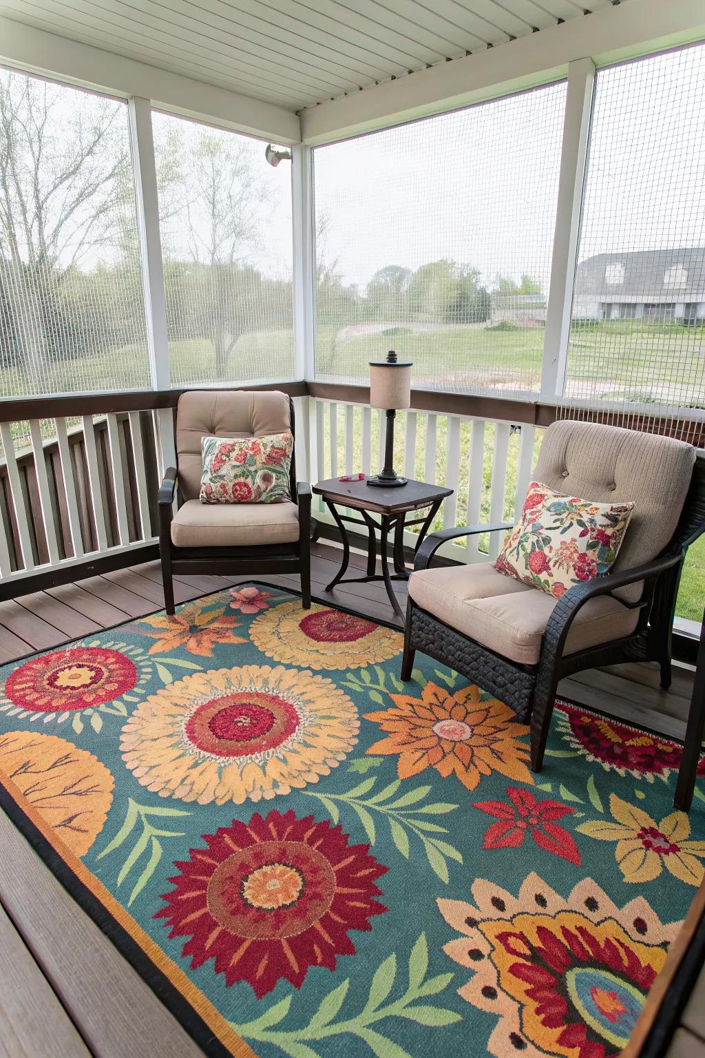 Decorative rugs define spaces and add warmth to your patio.