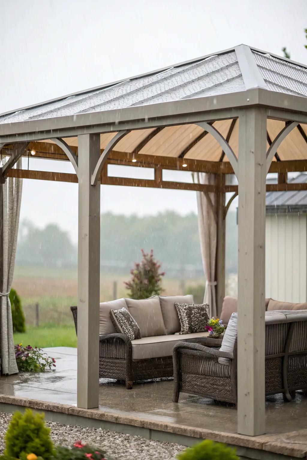 Stay dry and comfortable under a weather-proof screened-in pergola.