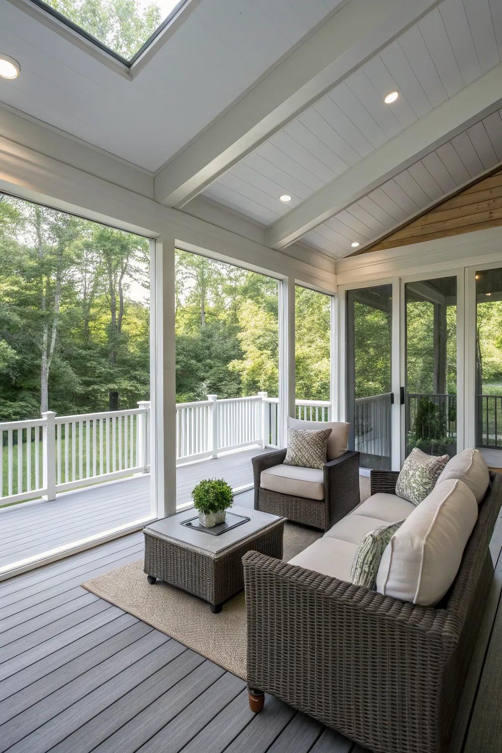 A modern minimalistic screened-in porch with sleek furniture and a neutral color palette.