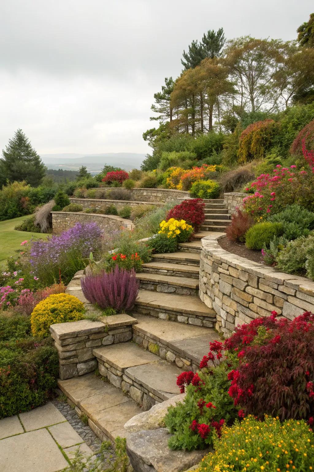 Tiered seating walls turning slopes into inviting terraces.