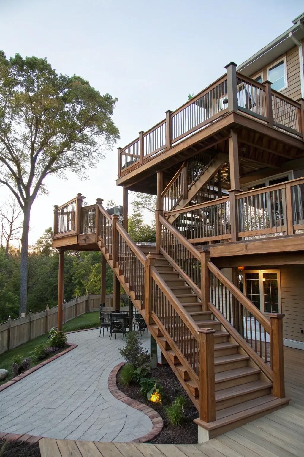 A multi-level second-story deck with stairs connecting each distinct area.