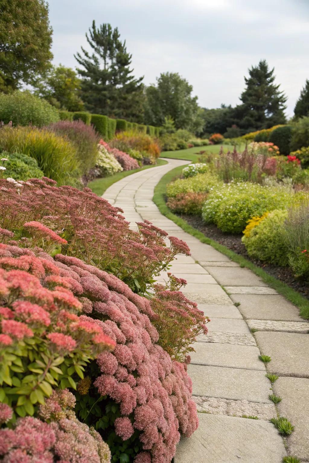 Pathway lined with colorful sedum for added charm.