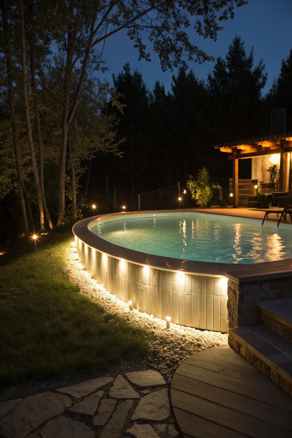 Evening poolside ambiance enhanced by soft LED lighting.