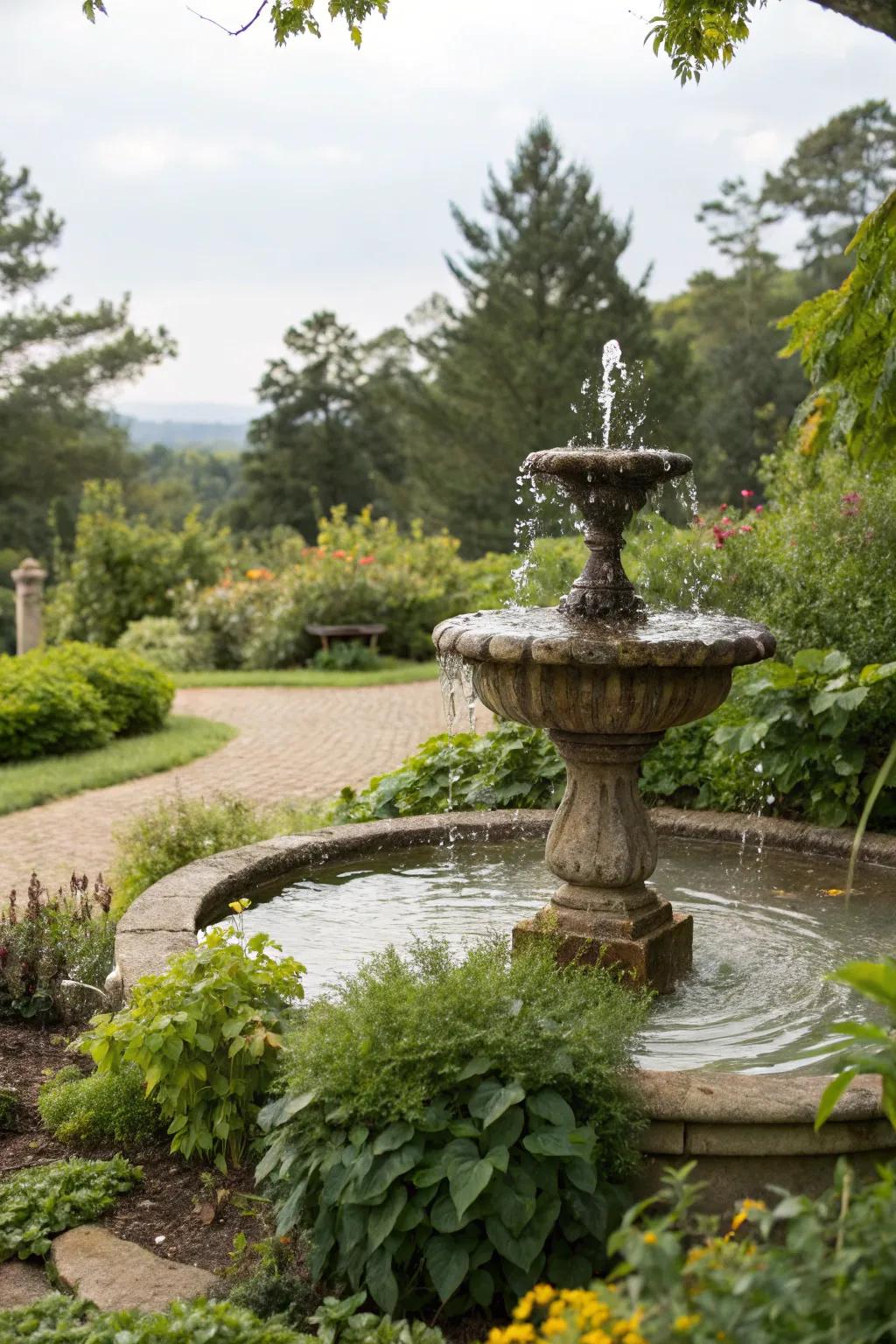 A soothing garden fountain adding tranquility to the space.