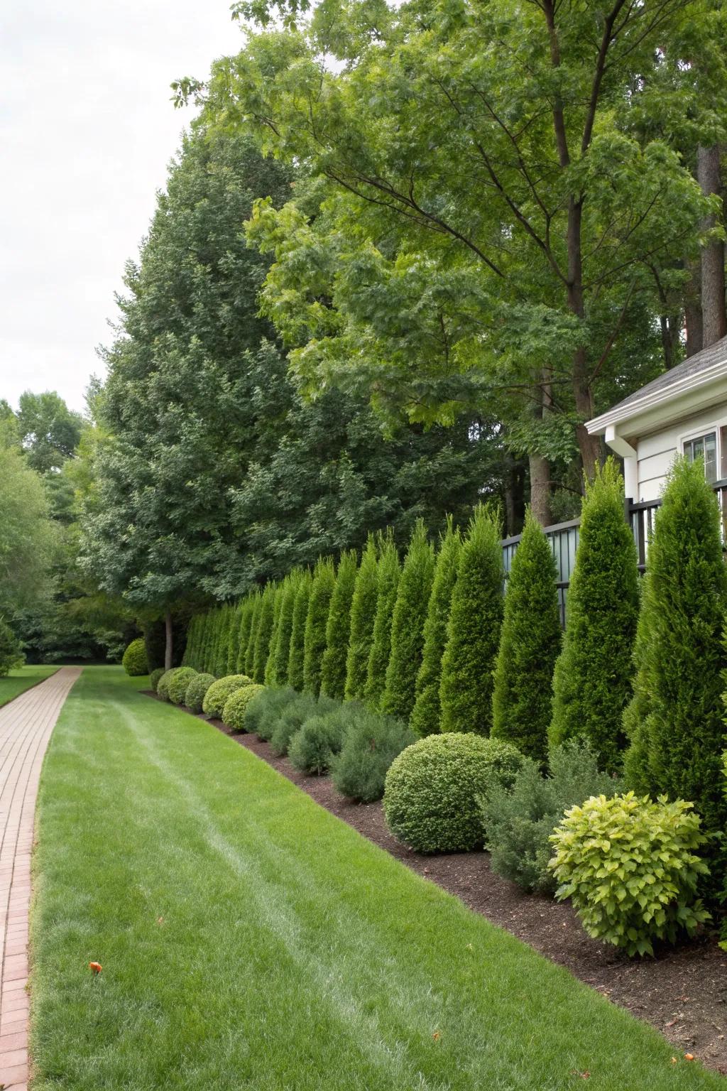Trees and shrubs providing privacy and greenery along the property line.