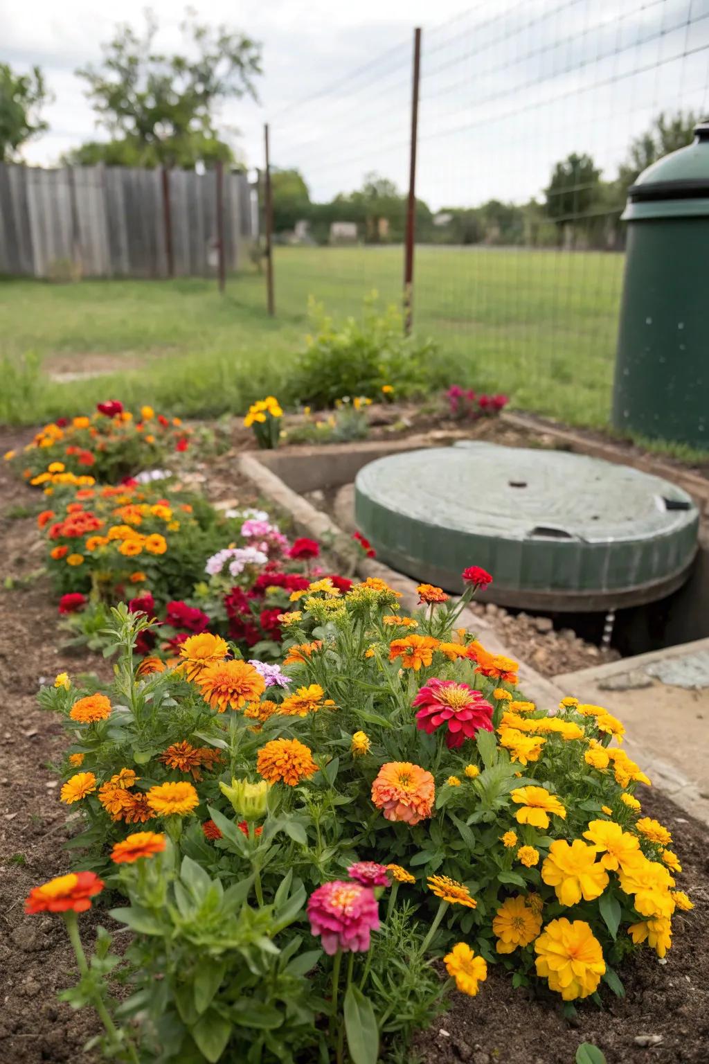 Flowers add a splash of color that shifts focus away from the septic tank.