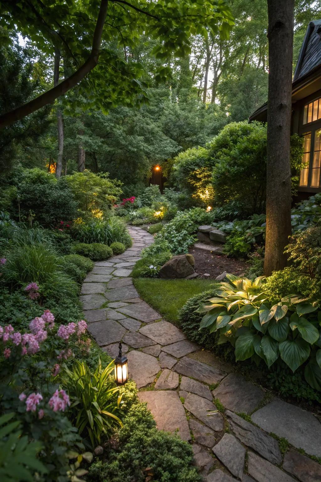 A stone pathway invites exploration in a shade garden.