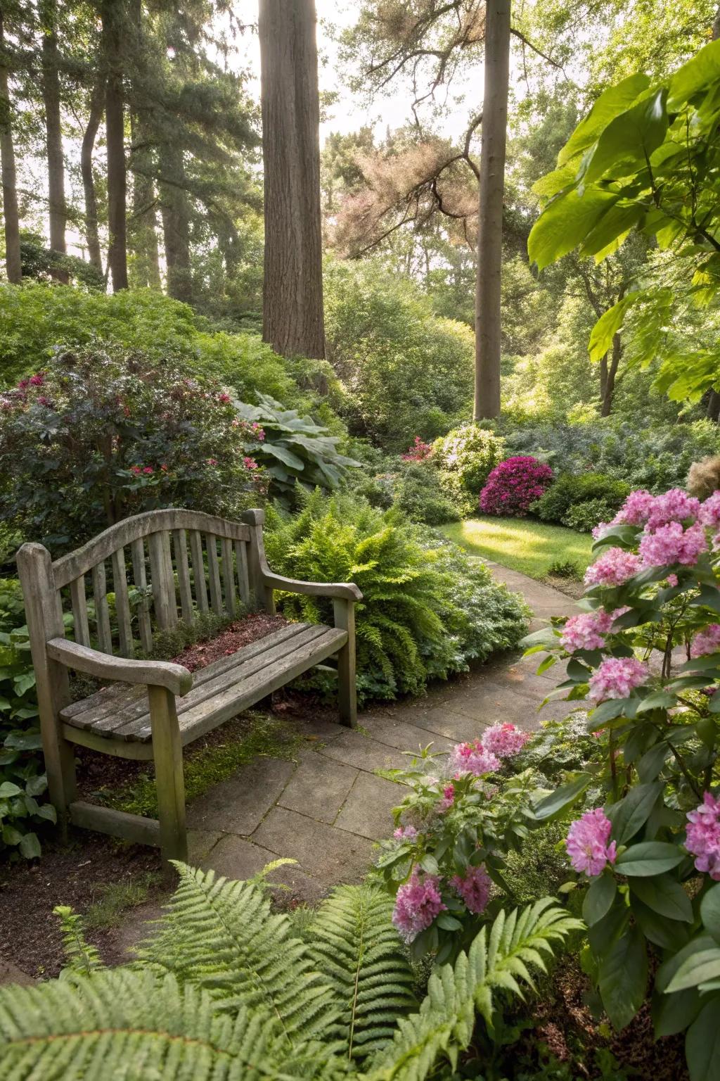 Focal points like benches or sculptures add interest to shaded areas.