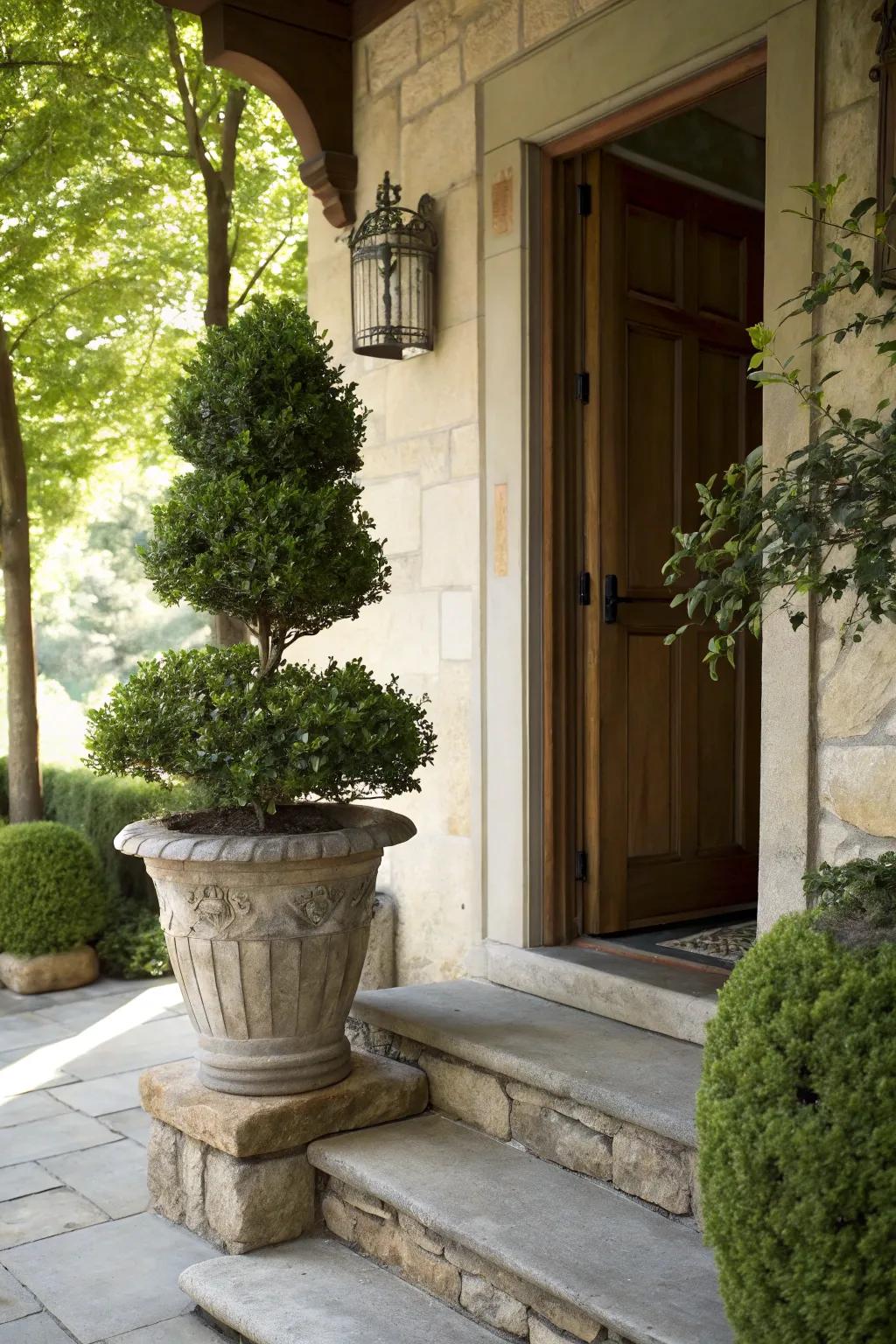 Elegantly shaped boxwood topiary in a classic pot, adding structure to a shaded entryway.