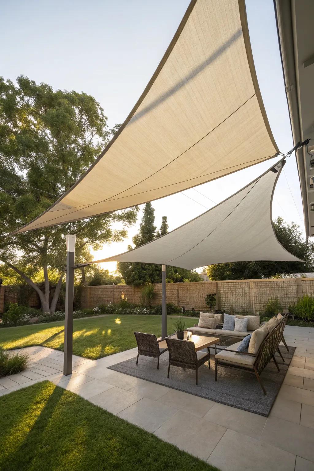 Modern shade sails offer stylish sun protection for contemporary outdoor spaces.