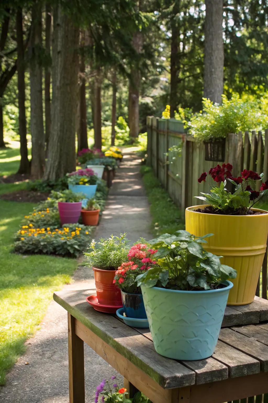 Colorful containers add vibrancy to the shady garden.