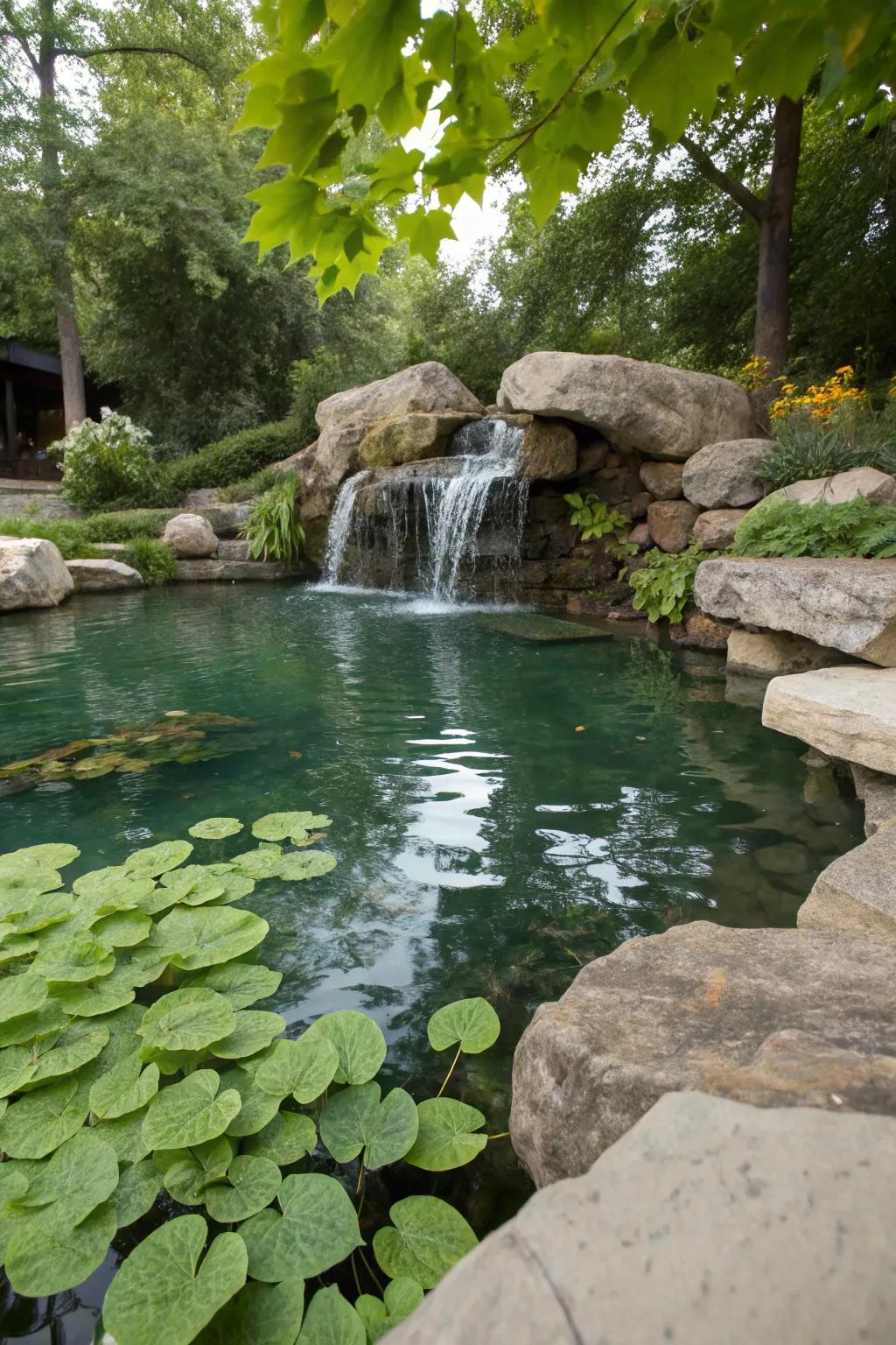 A shallow pool enhanced by a calming rock waterfall.