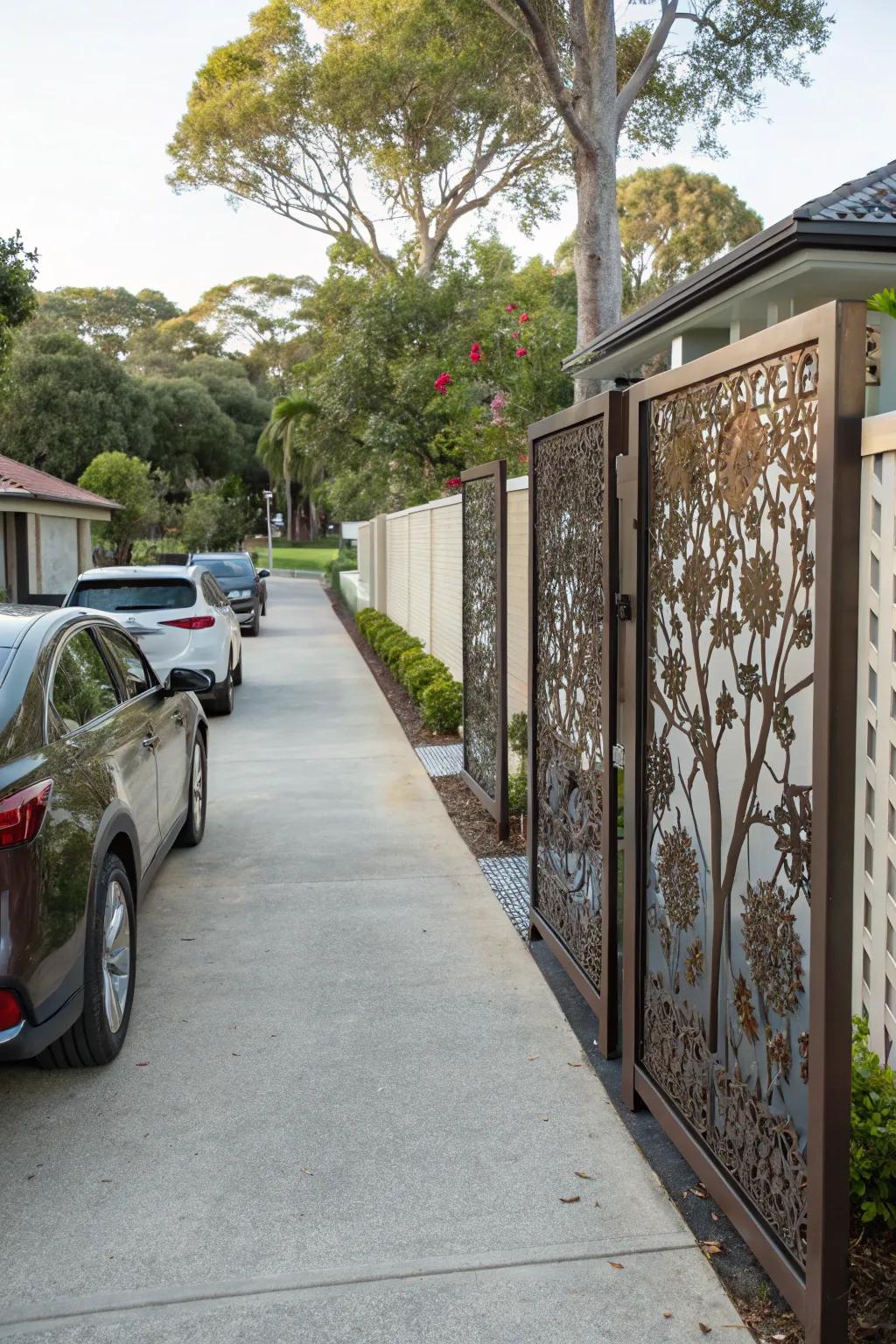 Decorative metal panels add an artistic flair to any shared driveway.