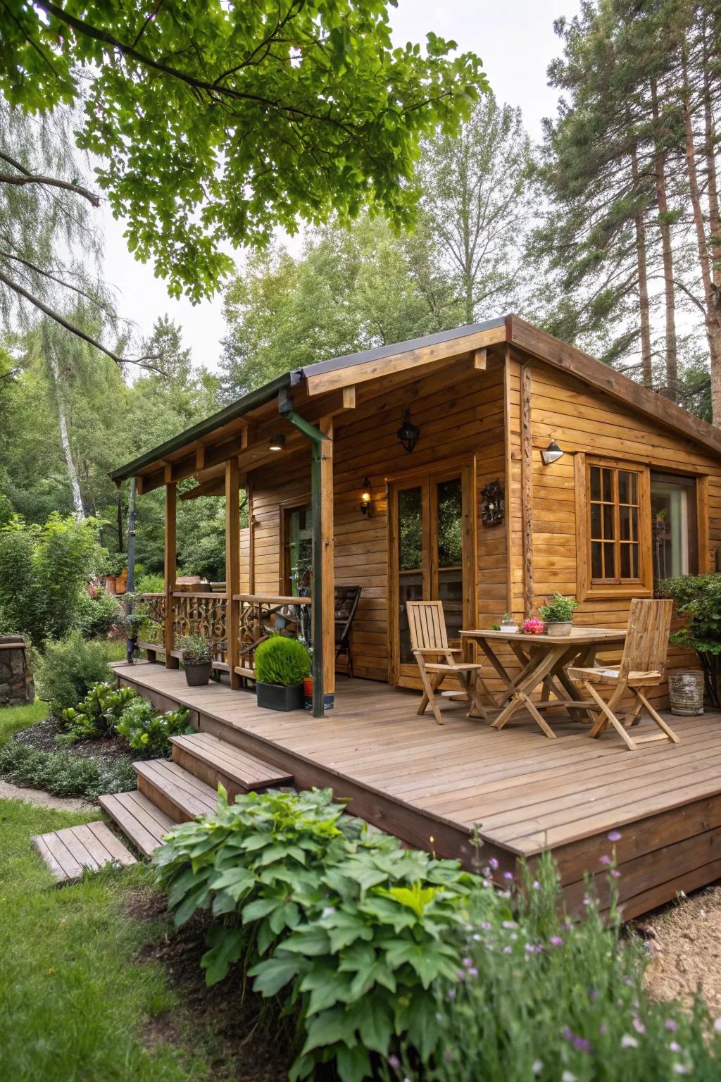 A serene outdoor deck attached to a shed cabin
