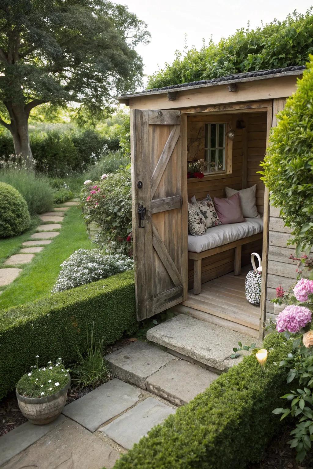 An inviting seating area by the shed for peaceful garden moments.