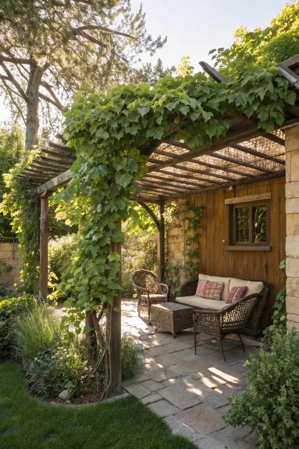 A pergola-style overhang creates a perfect outdoor retreat.