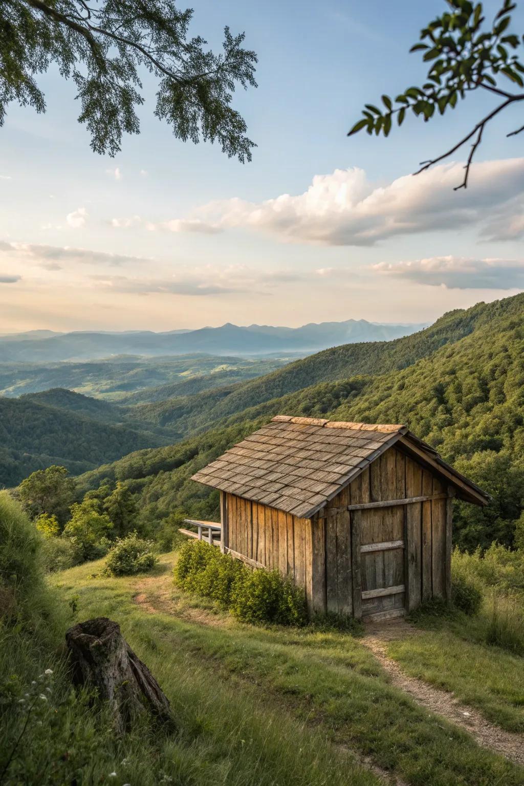 A shed harmoniously blending with the landscape.