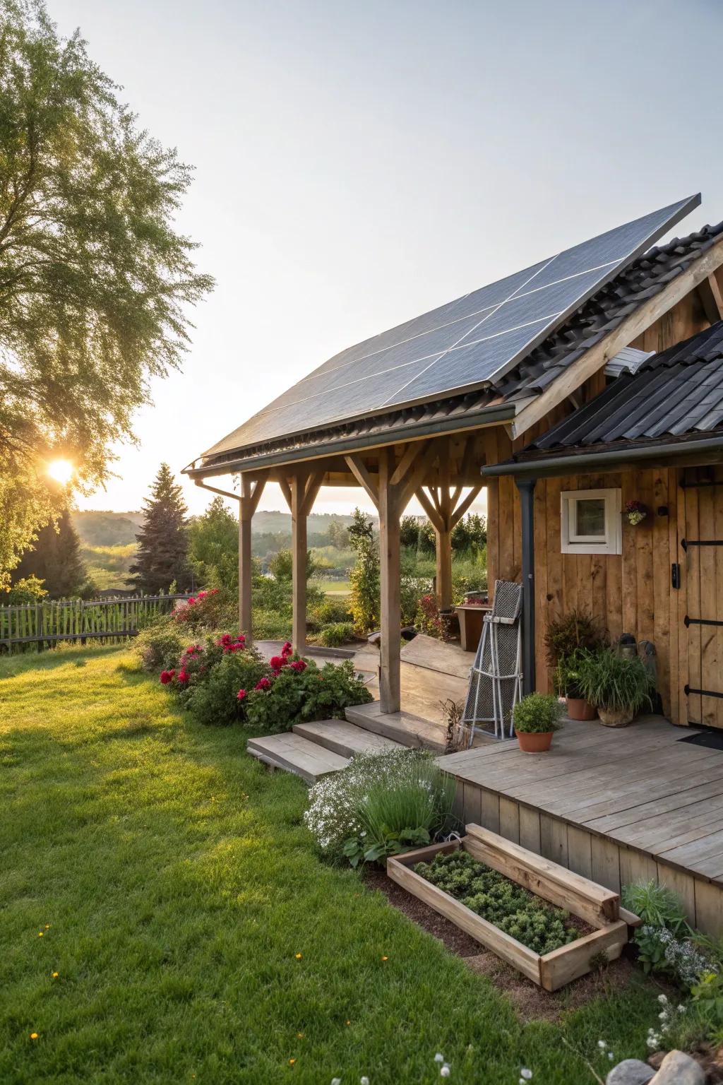 Shed porch roof with solar panels in a sunny backyard.