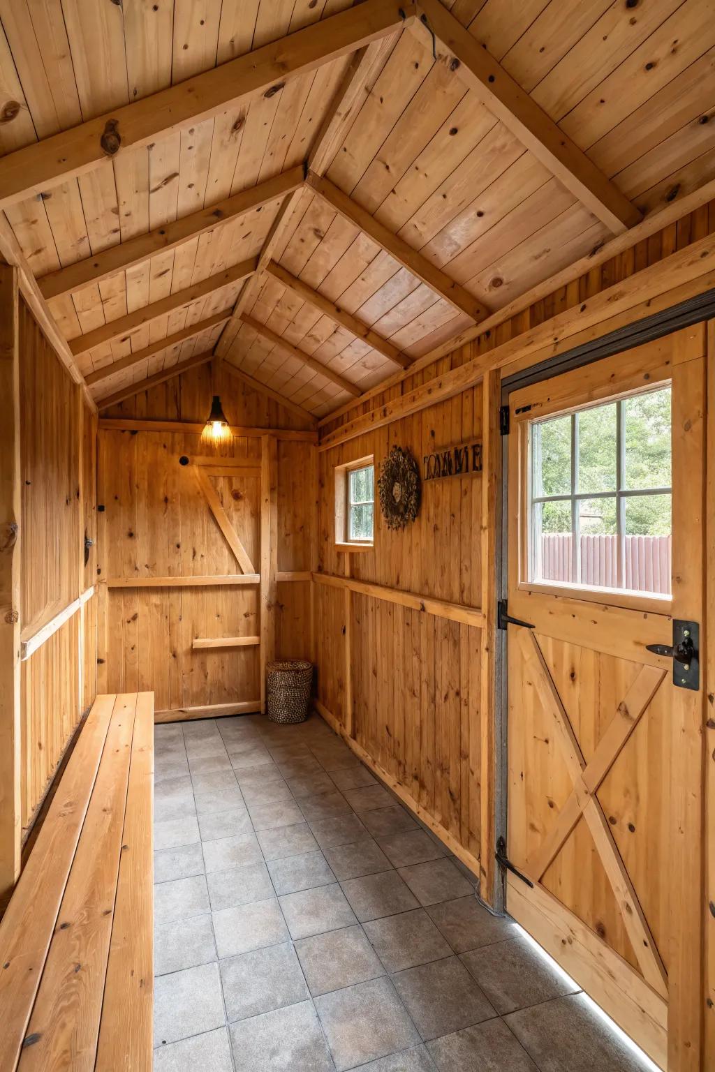 Rustic wood paneling adds warmth to a shed interior.