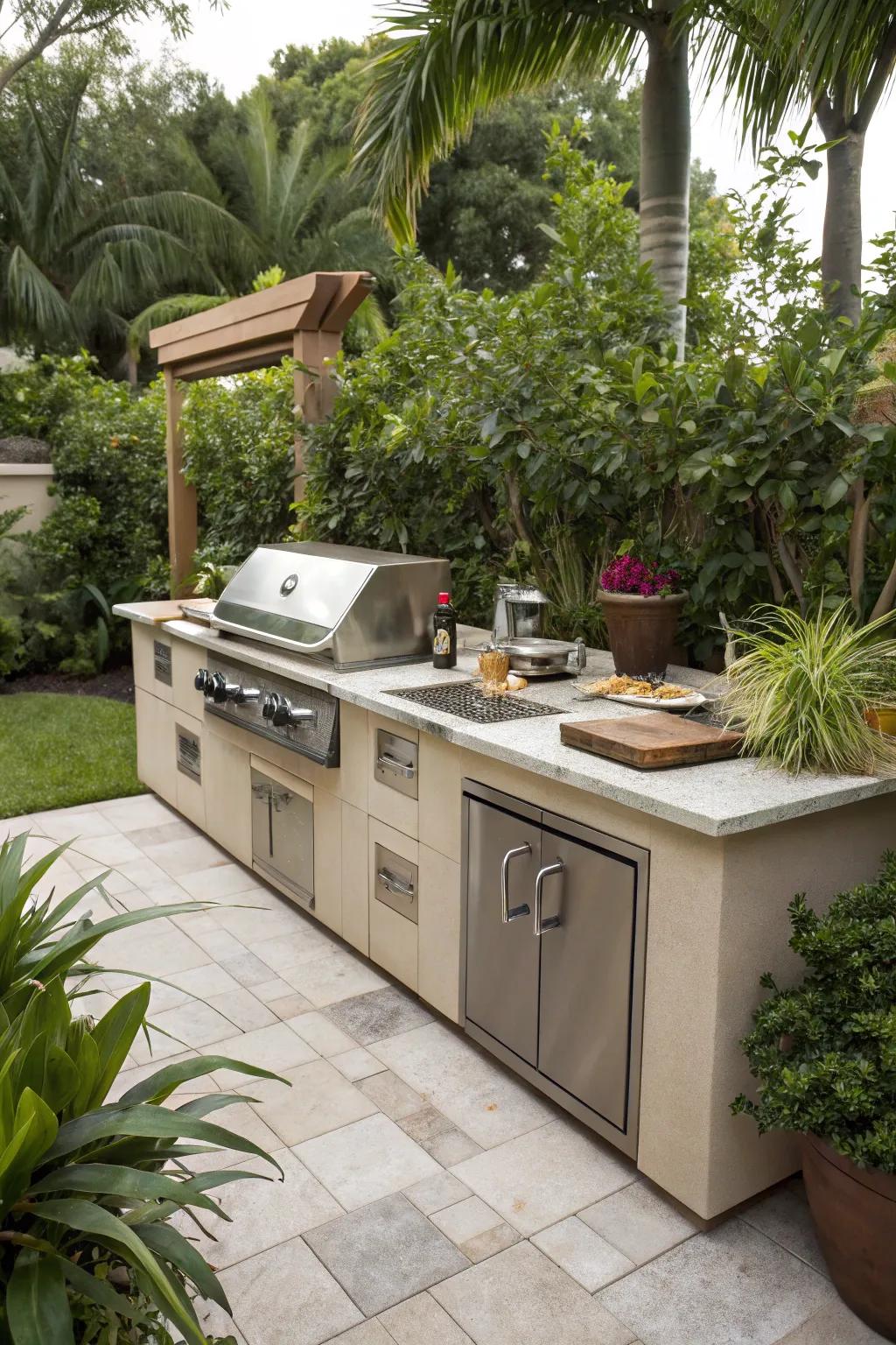 Create a luxury outdoor kitchen with a built-in grill station.