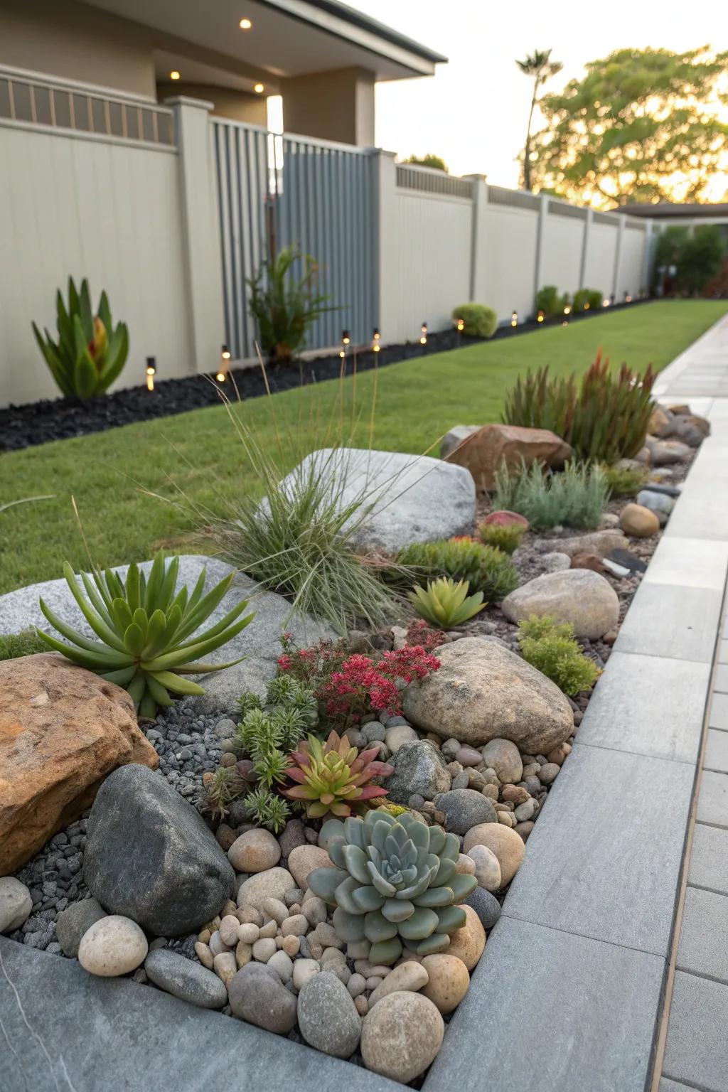 A chic rock garden that adds a contemporary flair to the front yard.