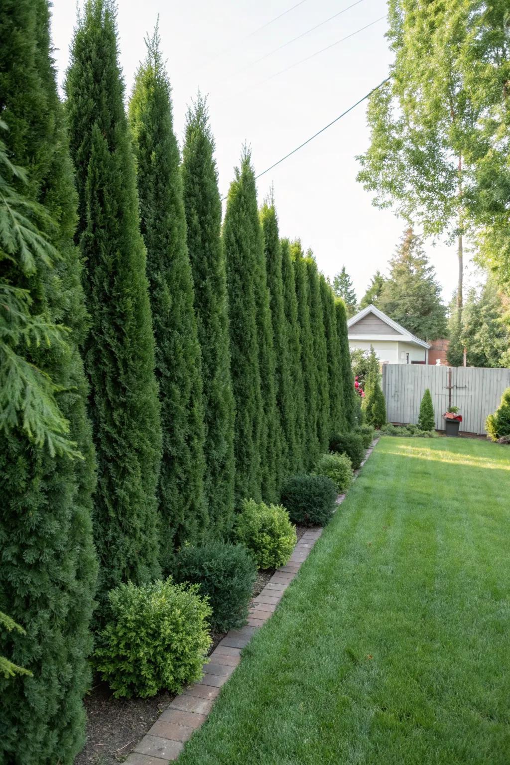 Evergreen shrubs providing a natural privacy screen.