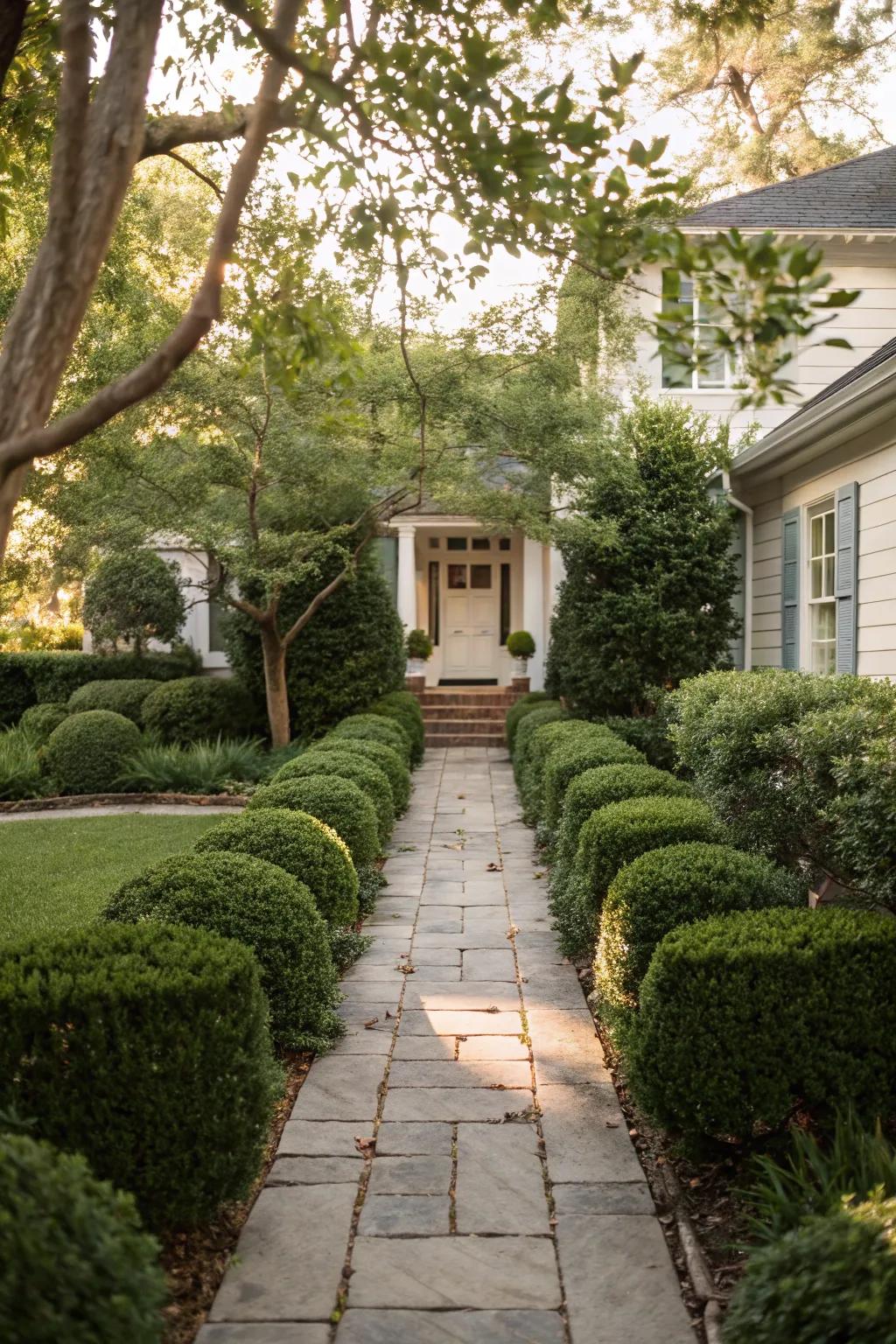 Shrubs lining pathways enhance your home's entrance.