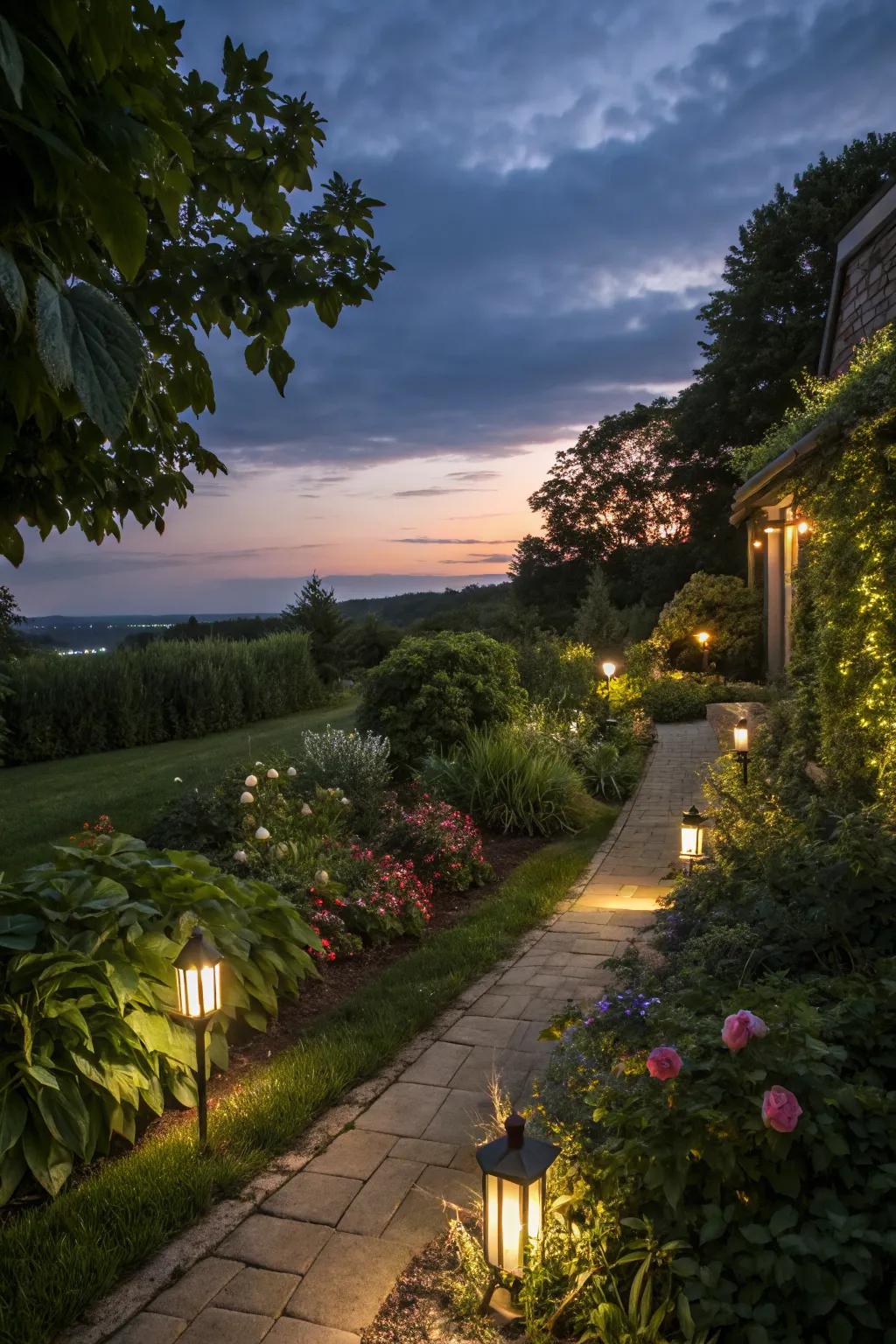 Solar lights illuminate a garden path, creating a magical effect.