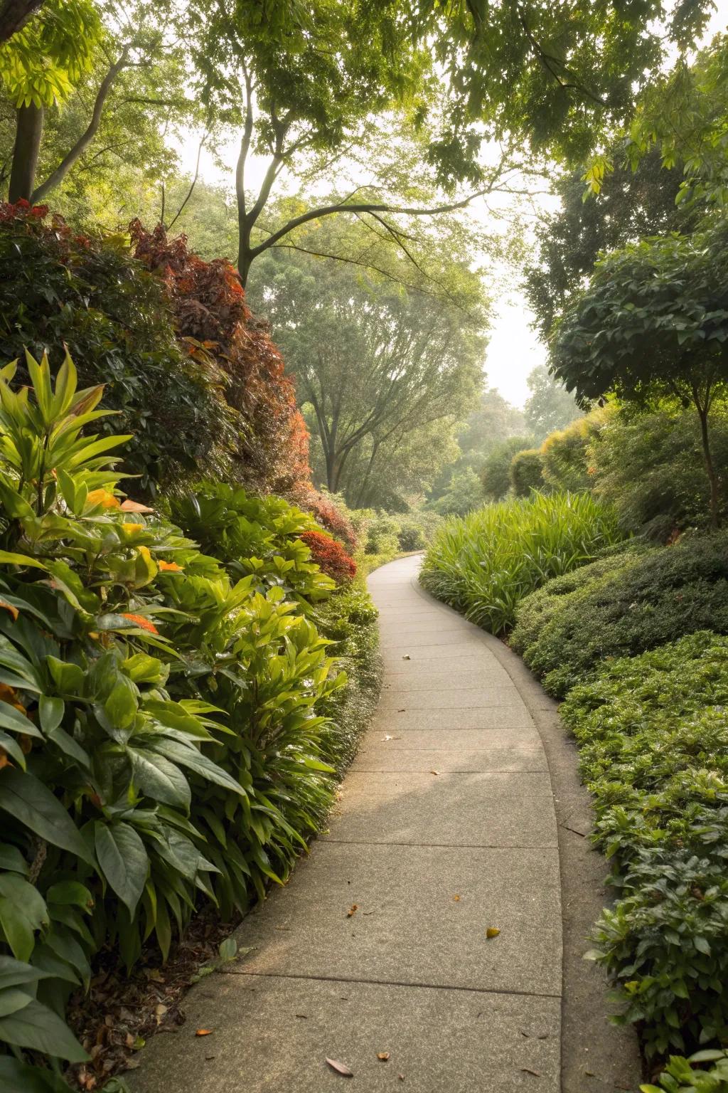 Lush borders enhance the natural beauty of a walkway.