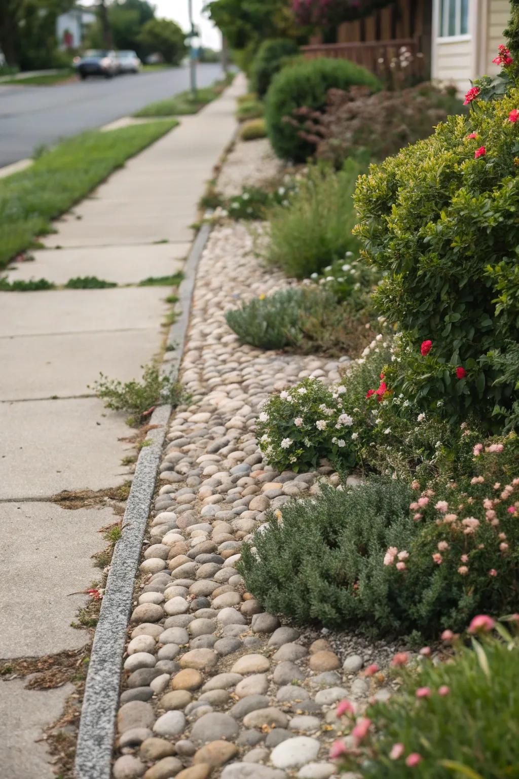 Pebbles add a peaceful touch to sidewalks.