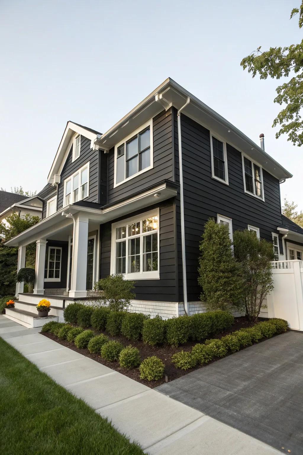 Black siding with white trim offers a sophisticated, modern aesthetic.