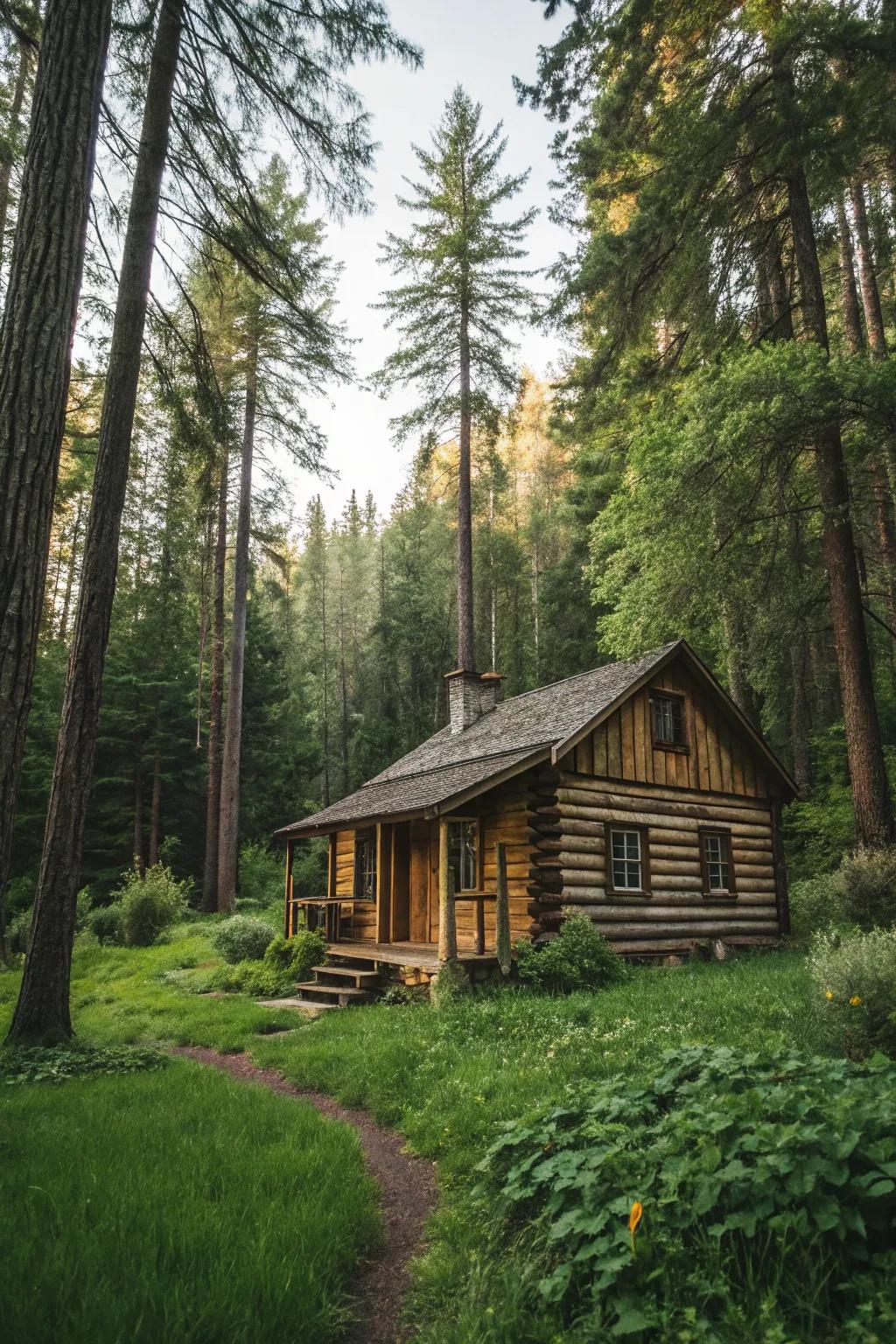 Natural wood siding enhances the rustic charm of this forest cabin.