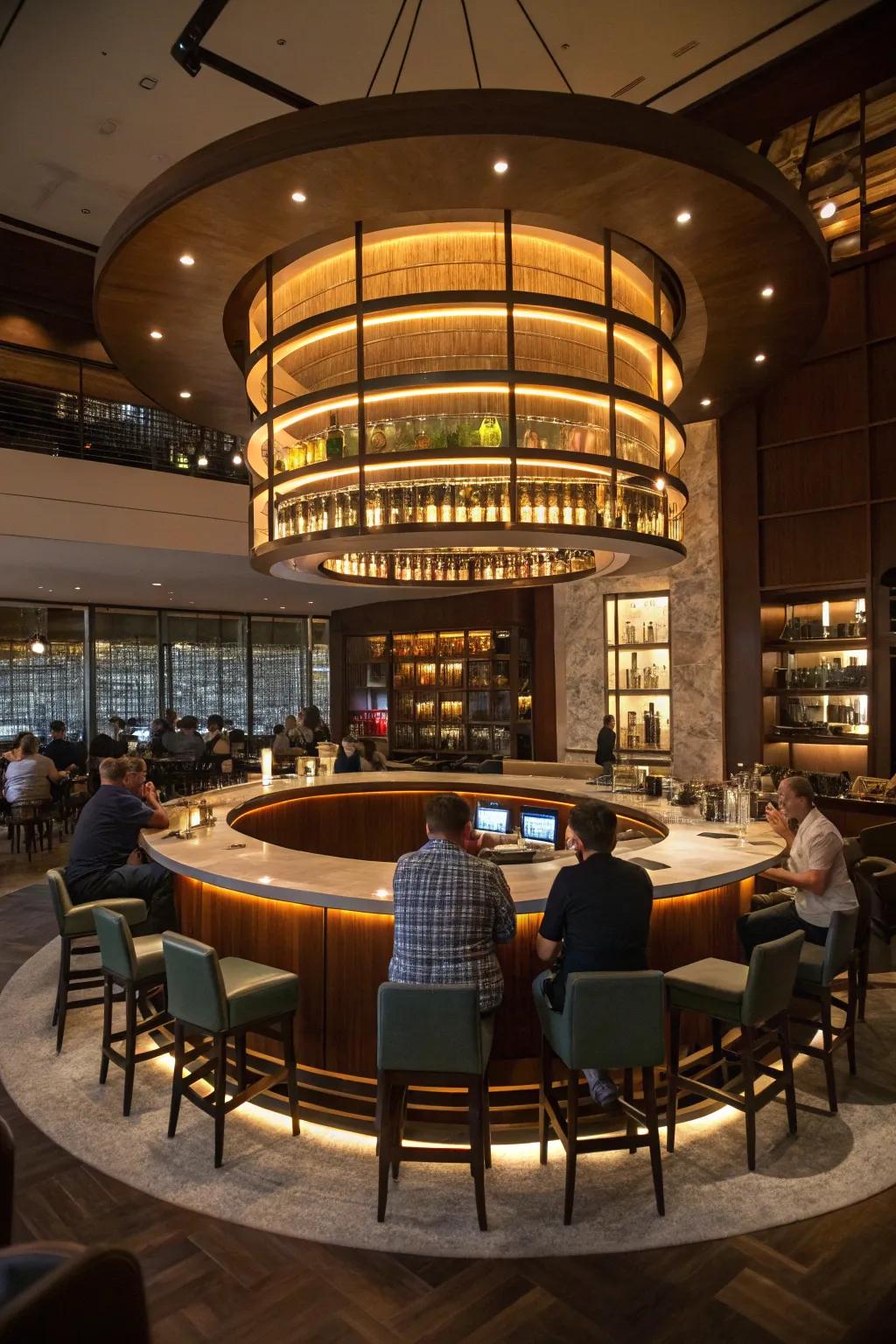 A silo bar with an inviting circular bar setup and comfortable seating.