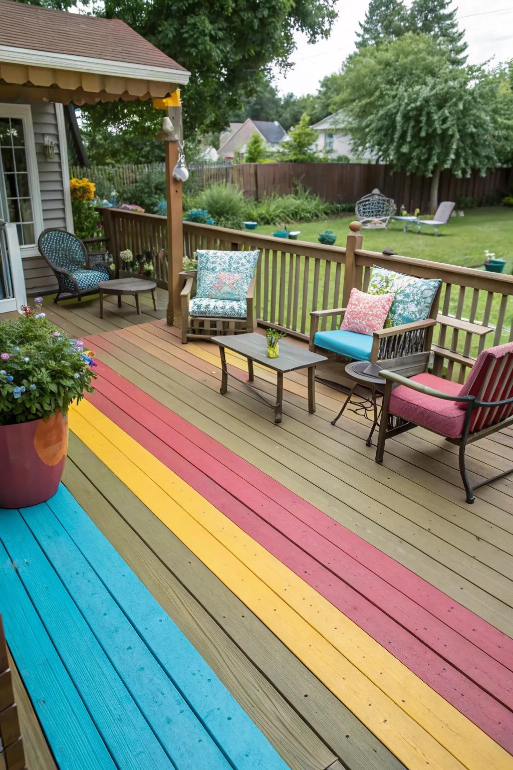 Use vibrant paint to refresh and protect your deck, adding a splash of color.