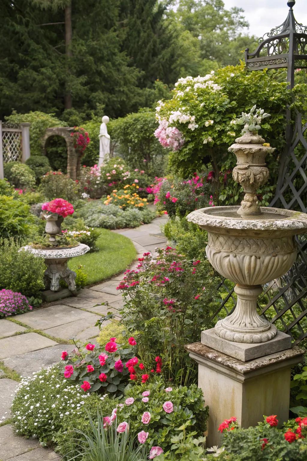 Charming garden ornaments and planters adding personality to a backyard.
