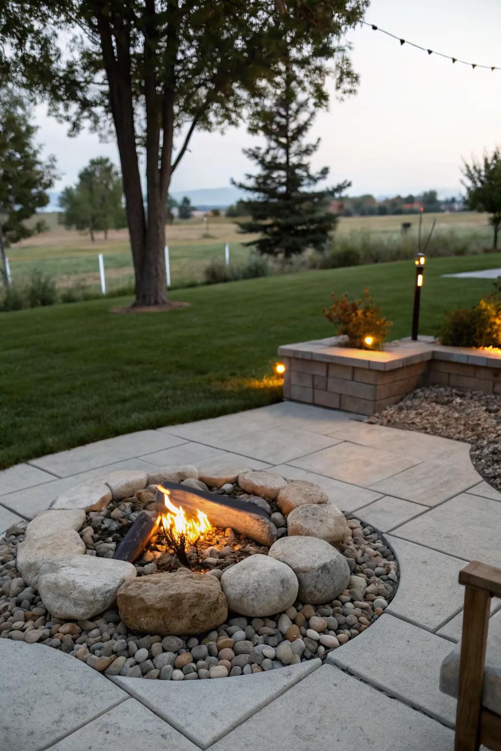 A stone fire pit serves as a cozy gathering spot.