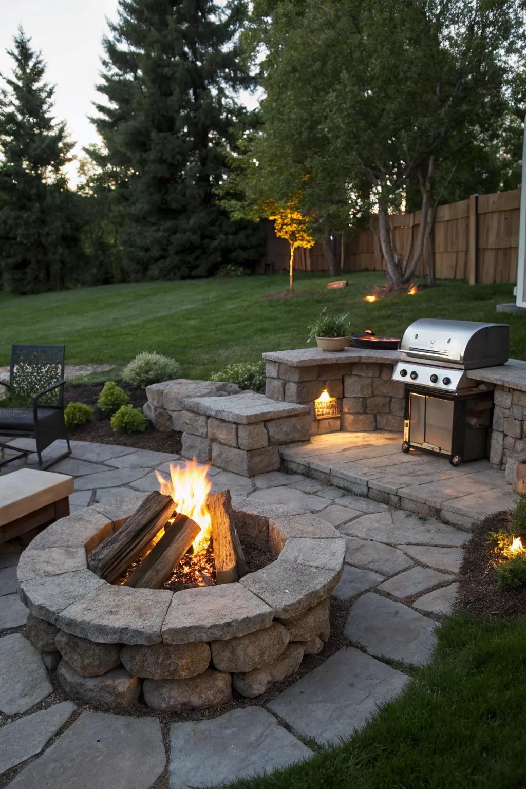 A fire pit becomes a warm and inviting focal point.