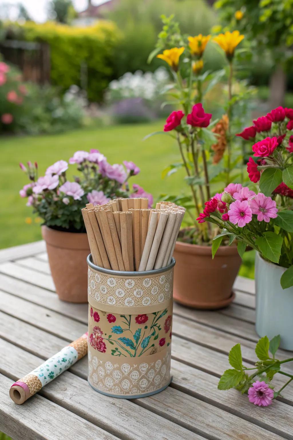 A colorful tin can bug hotel on display in the garden.
