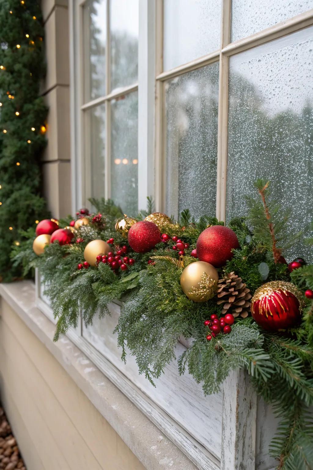 Ornaments add a touch of sparkle and glamour to the holiday scene.