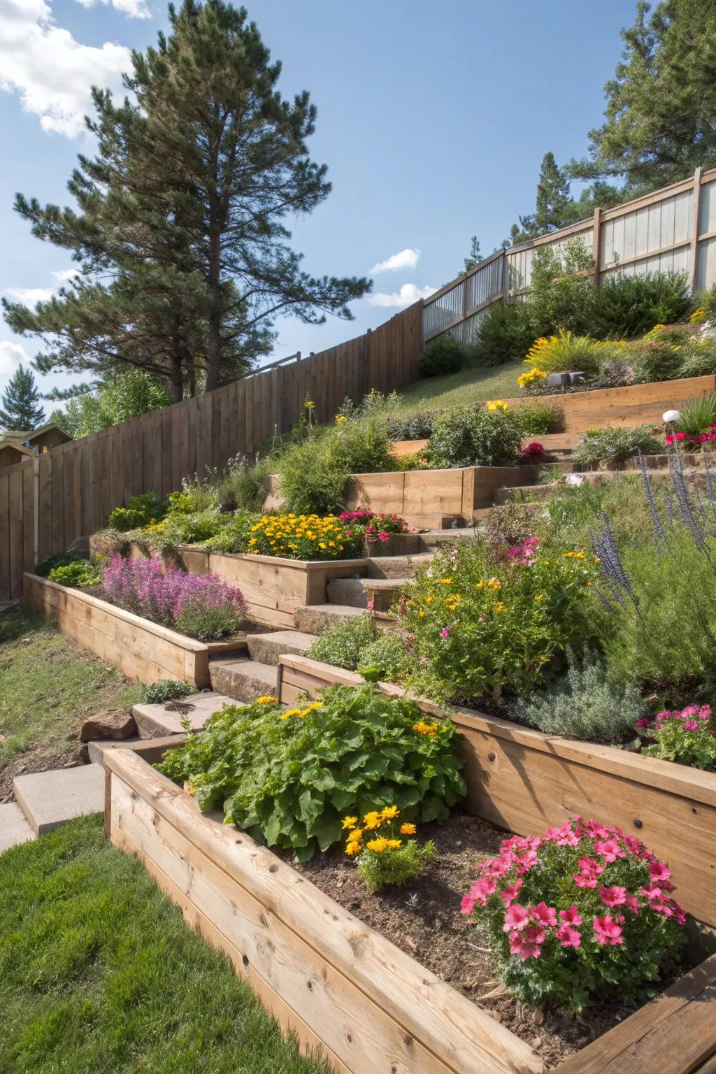 Terraced garden beds make effective use of sloped spaces.