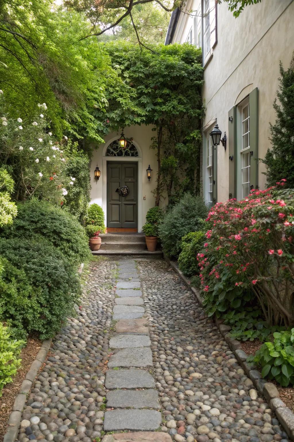 A charming cobblestone pathway enhancing curb appeal.