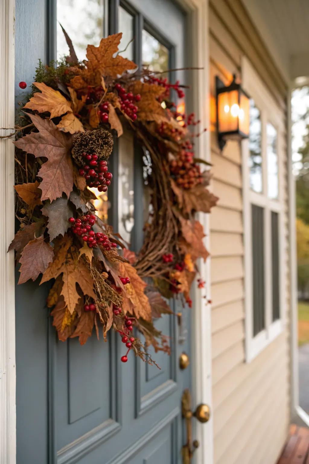 A wreath made from autumn elements warmly welcomes guests.