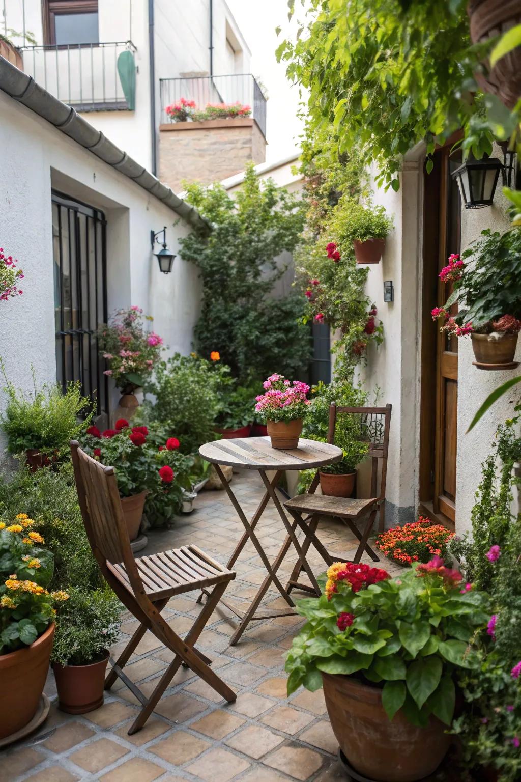 A charming patio garden with seating and lush plants.