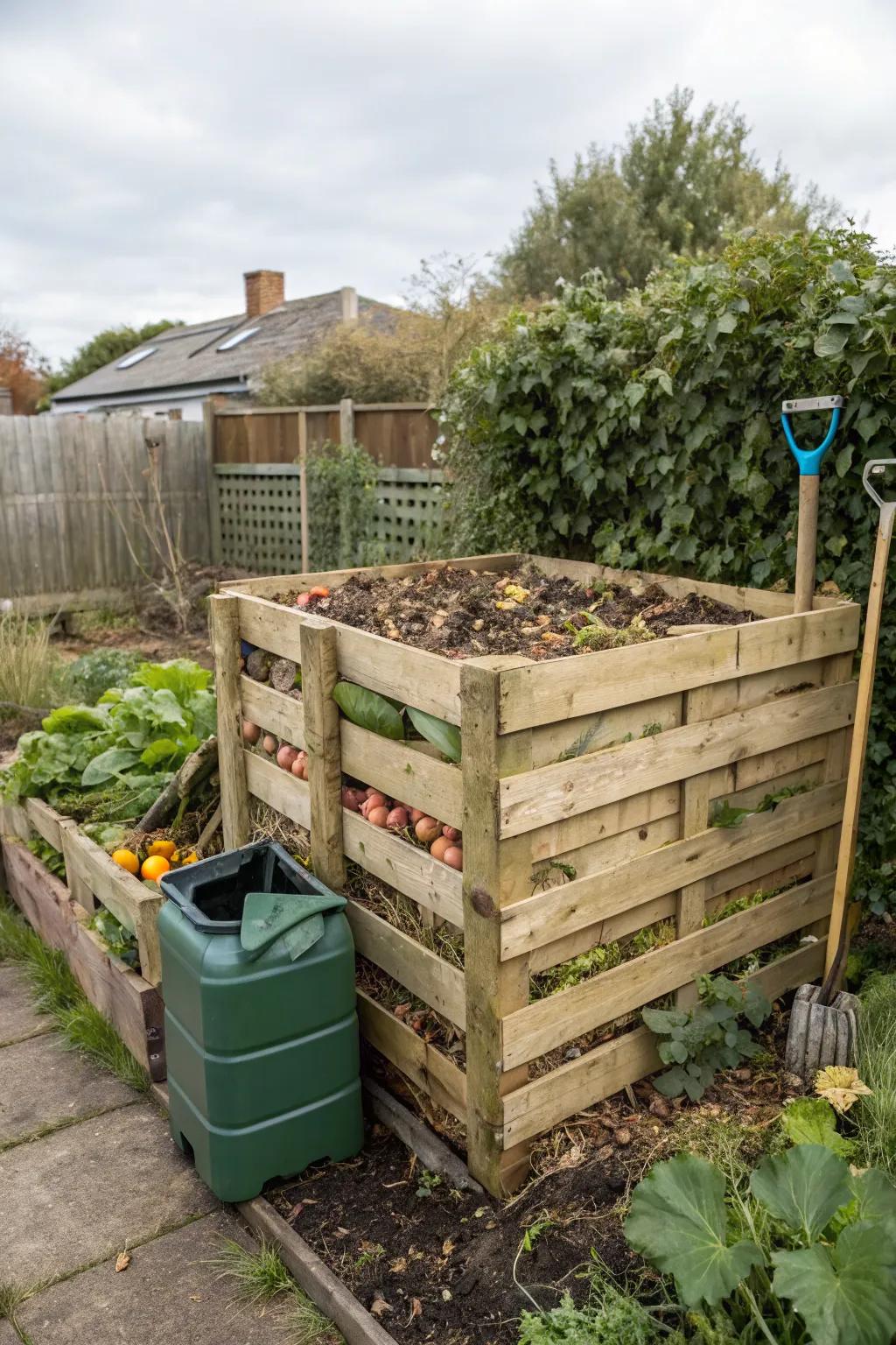 An eco-friendly compost bin made from pallets recycles garden waste effectively.