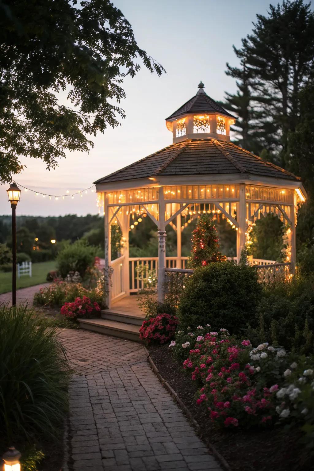 String lights add a magical touch to this simple gazebo setup.